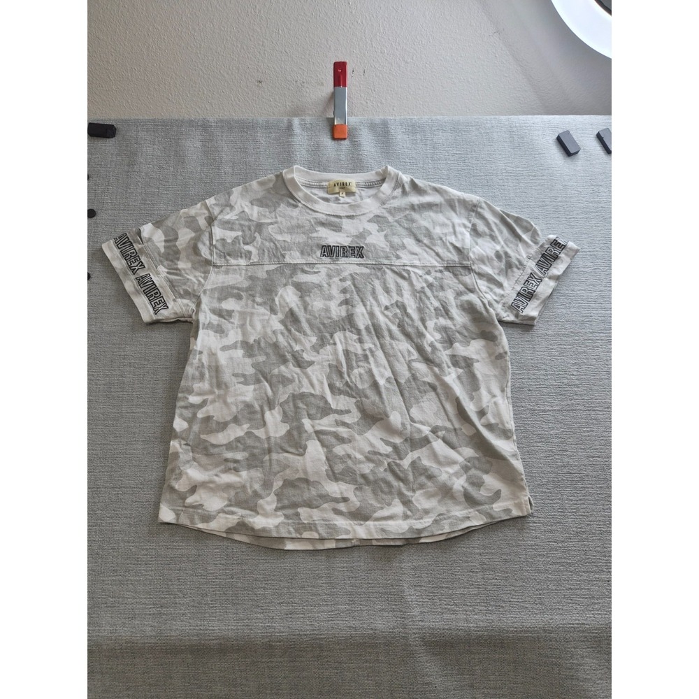 Avirex T-Shirt Womens Beige Camouflage Embroidered Logo Short Sleeve Side Slit